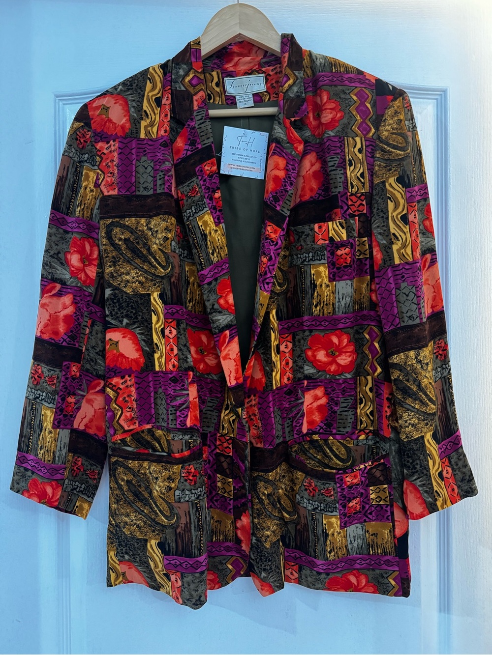 Vintage 90s Spencer Jermey Silk Timeless Floral Patchwork Blazer Pink Red Gold